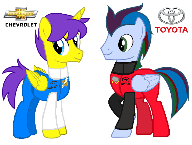 Size: 620x468 | Tagged: safe, artist:rememberstar, derpibooru import, oc, oc:orion galaxy, oc:thunder clash, unofficial characters only, alicorn, pegasus, pony, alicorn oc, chevrolet, male, nascar, offspring, parent:flash sentry, parent:rainbow dash, parent:soarin', parent:twilight sparkle, parents:flashlight, parents:soarindash, racing suit, simple background, toyota, transparent background