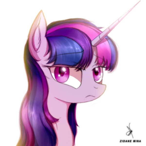 Size: 720x720 | Tagged: safe, artist:zidanemina, derpibooru import, twilight sparkle, pony, unicorn, bust, ear fluff, female, frown, looking at you, mare, portrait, sharp horn, signature, simple background, solo, unicorn twilight, white background