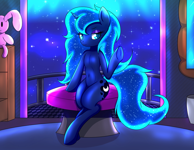 Size: 2200x1695 | Tagged: safe, artist:canister, derpibooru import, princess luna, alicorn, pony, rabbit, semi-anthro, :3, balcony, bedroom, bedroom eyes, belly button, dresser, ethereal mane, explicit source, frog (hoof), messy mane, mirror, night, night sky, plushie, seat, sitting, sky, solo, starry mane, stars, underhoof