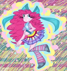 Size: 1398x1472 | Tagged: safe, artist:kasi-ona, derpibooru import, pinkie pie, equestria girls, bow, clothes, cute, diapinkes, female, leg warmers, moe, paint tool sai, pleated skirt, shoes, skirt, smiling, solo