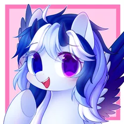 Size: 1800x1800 | Tagged: safe, artist:leafywind, derpibooru import, oc, unofficial characters only, abstract background, bust, colored pupils, colored wings, colored wingtips, cute, female, heterochromia, horns, looking at you, mare, multicolored hair, open mouth, portrait, smiling, solo, spread wings, starry eyes, two toned wings, underhoof, wingding eyes, wings