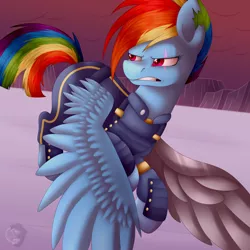 Size: 5000x5000 | Tagged: safe, artist:spirit-1, derpibooru import, rainbow dash, pegasus, pony, absurd resolution, alternate timeline, amputee, apocalypse dash, augmented, crystal war timeline, female, mare, military, military uniform, prosthetic limb, prosthetic wing, prosthetics, scar, short tail, solo, torn ear