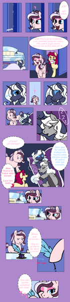 Size: 600x2570 | Tagged: safe, artist:yokokinawa, derpibooru import, oc, oc:dracula, oc:melody diamond, oc:soft petal, oc:violet quill, ponified, unofficial characters only, bat pony, pony, unicorn, vampony, couch, dracula, eyes closed, female, male, mare, polyamory, quill, sleeping, spanish, speech bubble, stallion