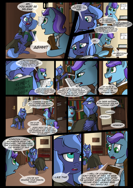 Size: 1240x1754 | Tagged: safe, artist:lunarcakez, derpibooru import, princess luna, oc, oc:soliloquy, earth pony, pony, comic:the origins of hollow shades, book, cloak, clothes, comic, male, princess selena, stallion