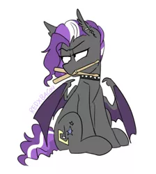 Size: 677x757 | Tagged: safe, artist:redxbacon, derpibooru import, oc, oc:splash, unofficial characters only, bat pony, bat pony oc, collar, commission, drum sticks, ear piercing, fangs, piercing, punk, spiked collar, tsundere