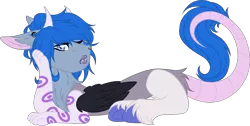 Size: 2603x1315 | Tagged: artist:sweethearttarot, blue hair, cloven hooves, derpibooru import, donkey ears, draconequus, draconesona, folded wings, gages, makeup, oc, oc:cosmic hijinx, one eye closed, paws, piercing, ponysona, rat tail, safe, simple background, solo, transparent background, unofficial characters only, unshorn fetlocks, wink