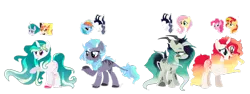 Size: 1024x386 | Tagged: safe, artist:akiiichaos, derpibooru import, oc, unofficial characters only, hybrid, unicorn, interspecies offspring, magical lesbian spawn, offspring, parent:daybreaker, parent:fluttershy, parent:mistmane, parent:rainbow dash, parent:storm king, parents:sunsetpie, simple background, transparent background