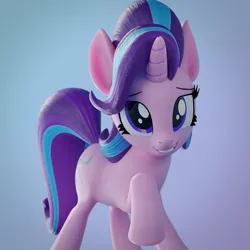 Size: 1500x1500 | Tagged: safe, artist:galawaille, derpibooru import, starlight glimmer, pony, unicorn, 3d, blender, cute, female, glimmerbetes, happy, looking at you, mare, raised hoof, sheepish grin, simple background, smiling, solo