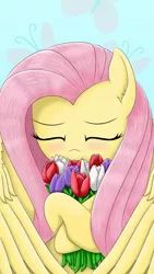Size: 1440x2560 | Tagged: safe, artist:lifesharbinger, derpibooru import, fluttershy, pegasus, pony, blushing, bouquet, bust, cute, cutie mark background, daaaaaaaaaaaw, eyes closed, female, flower, fluttershy day, full face view, hnnng, holding, hoof hold, mare, portrait, shyabetes, smiling, solo, spread wings, tulip, wings