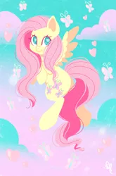 Size: 1024x1547 | Tagged: safe, artist:opalesqueprincess, derpibooru import, fluttershy, butterfly, pegasus, pony, cute, female, flying, heart, heart eyes, hooves to the chest, looking at you, mare, shyabetes, sky, smiling, solo, spread wings, wingding eyes, wings