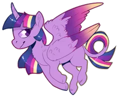 Size: 633x503 | Tagged: safe, artist:tinttiyo, derpibooru import, twilight sparkle, twilight sparkle (alicorn), alicorn, pony, colored wings, curved horn, female, leonine tail, looking back, mare, missing cutie mark, rainbow power, simple background, smiling, solo, spread wings, transparent background, wings