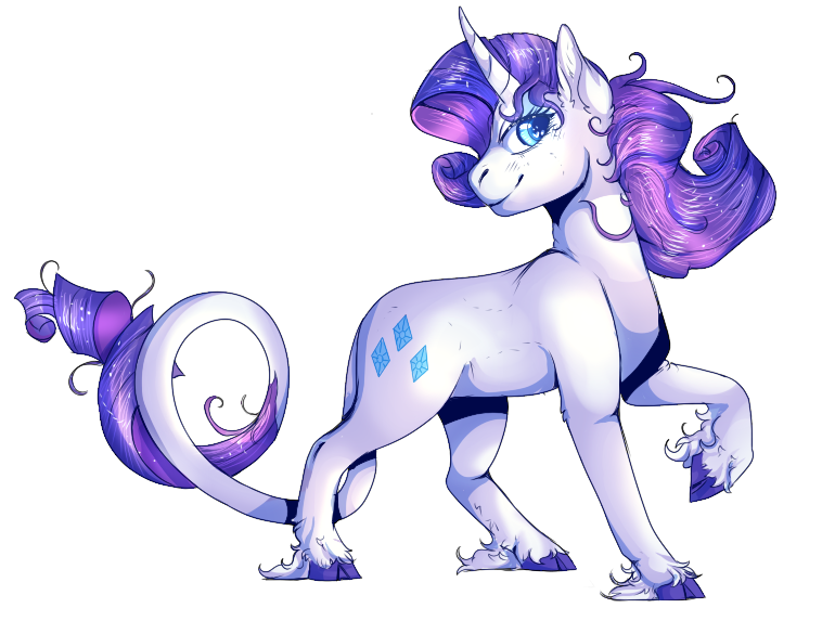 Size: 770x573 | Tagged: safe, artist:tinttiyo, derpibooru import, rarity, classical unicorn, pony, unicorn, beautiful, cloven hooves, curved horn, cutie mark, female, leonine tail, long tail, looking at you, mare, raised hoof, simple background, smiling, solo, transparent background, unshorn fetlocks, windswept mane