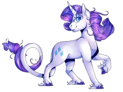 Size: 770x573 | Tagged: safe, artist:tinttiyo, derpibooru import, rarity, classical unicorn, pony, unicorn, beautiful, cloven hooves, curved horn, cutie mark, female, leonine tail, long tail, looking at you, mare, raised hoof, simple background, smiling, solo, transparent background, unshorn fetlocks, windswept mane