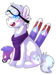Size: 451x606 | Tagged: safe, artist:tinttiyo, derpibooru import, double diamond, earth pony, pony, blushing, clothes, cute, cutie mark, double dawwmond, goggles, helmet, male, open mouth, scarf, sidemouth, simple background, sitting, skis, solo, stallion, transparent background
