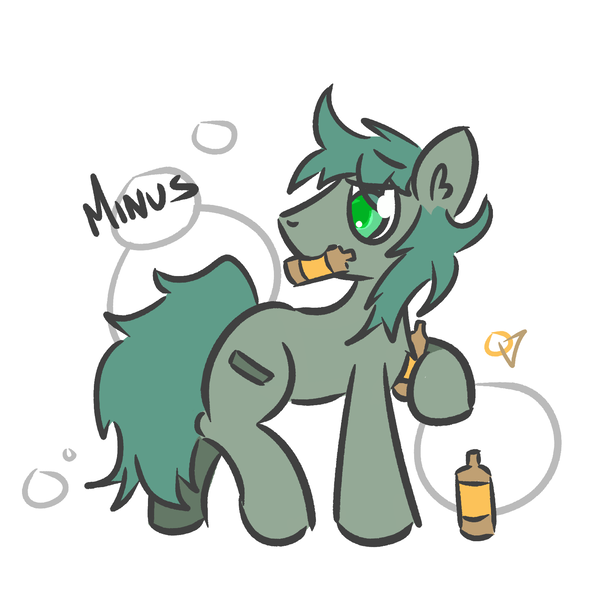 Size: 1561x1552 | Tagged: safe, artist:orbitalaerospace, derpibooru import, oc, oc:minus, unofficial characters only, earth pony, pony, alcohol, bottle, colored, drink, drunk, male, mouth hold, simple background, solo, white background