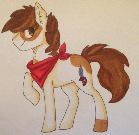 Size: 485x471 | Tagged: safe, artist:tinttiyo, derpibooru import, pipsqueak, earth pony, pony, cutie mark, ear fluff, looking back, male, neckerchief, older, older pipsqueak, profile, raised hoof, simple background, smiling, solo, stallion, traditional art, vulgar description