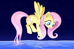 Size: 4500x3025 | Tagged: safe, artist:mirrorcrescent, derpibooru import, fluttershy, pegasus, pony, curious, female, floating, flying, looking at something, looking down, mare, night, open mouth, reaching, reflection, solo, spread wings, stars, water, wings