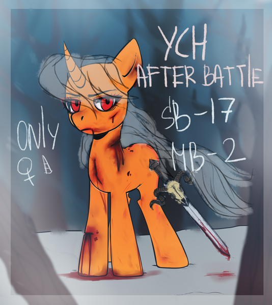 Size: 2436x2736 | Tagged: semi-grimdark, artist:sugarstar, derpibooru import, pony, unicorn, angry, bleeding, blood, female, forest, frame, horn, injured, looking at you, mare, snow, solo, sword, tree, unknown pony, weapon, wind, ych example, your character here