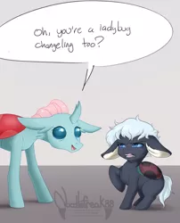 Size: 3118x3850 | Tagged: safe, artist:noodlefreak88, derpibooru import, ocellus, oc, oc:gidjit, changedling, changeling, ladybug, pony, disgusted, duo, faic, female, gray background, ladybug changeling, simple background, speech bubble