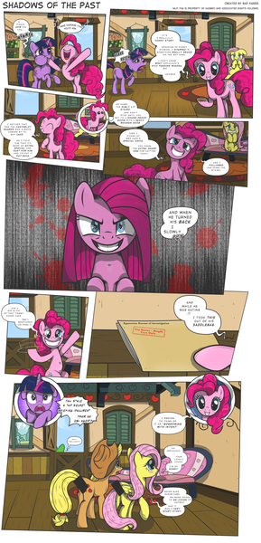 Size: 3000x6233 | Tagged: safe, artist:perfectblue97, derpibooru import, applejack, fluttershy, pinkie pie, spike, twilight sparkle, dragon, earth pony, pegasus, pony, unicorn, comic:shadows of the past, fanfic:cupcakes, accident, bait and switch, censor bar, censored, comic, couch, document, fear wetting, implied pissing, pinkamena diane pie, pointy ponies, poop, scared, sweet apple acres, unnecessary censorship, urine, wetting