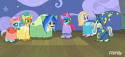 Size: 1713x779 | Tagged: safe, derpibooru import, screencap, gallus, ocellus, sandbar, silverstream, smolder, yona, changedling, changeling, classical hippogriff, dragon, earth pony, gryphon, hippogriff, pony, yak, horse play, clothes, costume, discovery family logo, fake beard, fake horn, female, male, play, prosthetic butt, stage, star swirl the bearded costume, student six, teenager