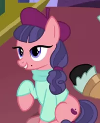 Size: 363x444 | Tagged: safe, derpibooru import, screencap, raspberry beret, earth pony, pony, horse play, beauty mark, beret, clothes, cropped, female, hat, mare, raised hoof, sitting, sweater, turtleneck