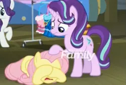 Size: 584x396 | Tagged: safe, derpibooru import, screencap, fluttershy, starlight glimmer, pegasus, pony, unicorn, horse play, comforting, cropped, discovery family logo, duo focus, female, mare