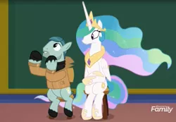 Size: 1455x1007 | Tagged: safe, derpibooru import, screencap, on stage, princess celestia, alicorn, earth pony, pony, horse play, chair, chalkboard, crossed hooves, cute, cutelestia, female, male, sitting