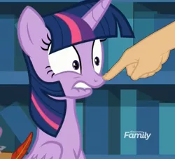 Size: 1024x929 | Tagged: alicorn, boop, boop edit, cropped, derpibooru import, discovery family logo, disembodied hand, edit, edited screencap, finger, hand, horse play, non-consensual booping, quill, safe, screencap, solo focus, twilight sparkle, twilight sparkle (alicorn)