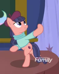 Size: 807x1020 | Tagged: bipedal, cropped, derpibooru import, discovery family logo, female, horse play, raspberry beret, safe, screencap, solo