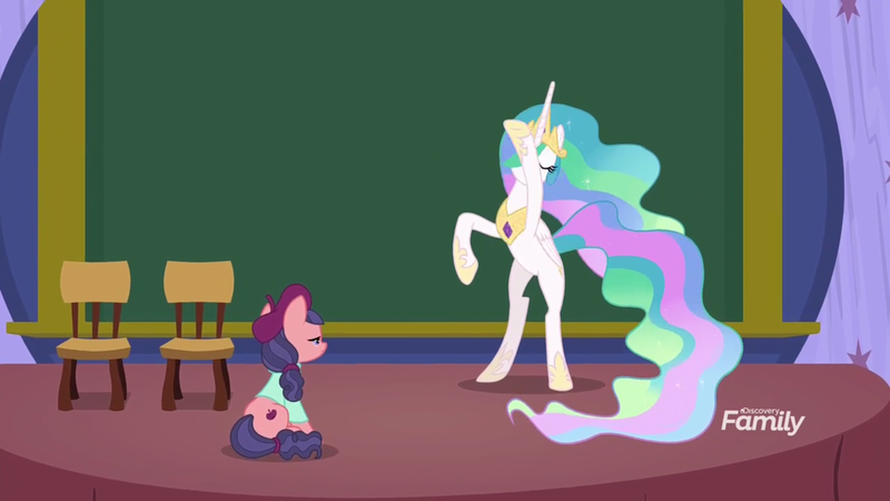 Size: 1920x1080 | Tagged: safe, derpibooru import, screencap, princess celestia, raspberry beret, alicorn, earth pony, pony, horse play, bipedal, chair, charades, discovery family logo, duo, female, mare, stage