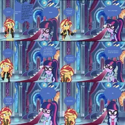 Size: 1194x1193 | Tagged: safe, derpibooru import, editor:superbobiann, sci-twi, sunset shimmer, twilight sparkle, equestria girls, equestria girls series, backpack, blushing, bowtie, clothes, comic, cute, eyes closed, female, geode of empathy, geode of telekinesis, glasses, jacket, leather jacket, lesbian, magical geodes, open mouth, ponytail, scitwishimmer, shipping, sunsetsparkle, twiabetes