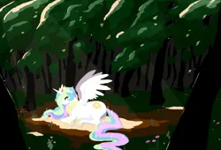 Size: 1158x786 | Tagged: alicorn, artist:hirosi41, derpibooru import, female, forest, looking at you, mare, princess celestia, safe, solo, spread wings, tree, wings