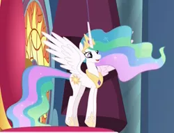 Size: 894x683 | Tagged: safe, derpibooru import, screencap, princess celestia, alicorn, pony, horse play, canterlot castle, cropped, cute, cutelestia, ethereal mane, excited, female, mare, solo, spread wings, tiptoe, wings
