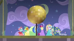Size: 1920x1080 | Tagged: safe, derpibooru import, screencap, gallus, ocellus, sandbar, silverstream, smolder, yona, changedling, changeling, dragon, earth pony, gryphon, hippogriff, pony, yak, horse play, clothes, costume, disco ball, discovery family logo, fake beard, fake horn, female, male, star swirl the bearded costume, student six, teenager