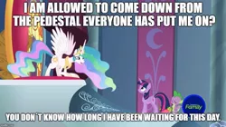 Size: 888x499 | Tagged: safe, derpibooru import, edit, edited screencap, screencap, princess celestia, spike, twilight sparkle, twilight sparkle (alicorn), alicorn, dragon, pony, horse play, crouching, discovery family logo, excited, female, image macro, male, mare, meme, spread wings, trio, wings
