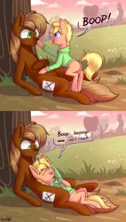 Size: 1840x3242 | Tagged: safe, artist:dsp2003, derpibooru import, oc, oc:jack of trades, oc:jai heart, unofficial characters only, earth pony, pony, unicorn, blushing, boop, clothes, colt, comic, commission, cute, cutie mark, daaaaaaaaaaaw, dialogue, hnnng, hoodie, jacket, looking at each other, male, ocbetes, size difference, tree
