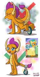Size: 468x900 | Tagged: artist:uotapo, blushing, changedling, changeling, clothes, costume, cute, derpibooru import, dragon, dragoness, fangs, female, genius, horse play, ocellus, pony costume, prosthetic butt, safe, smiling, smolder, smolderbetes, wheel, wikihow
