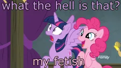 Size: 1366x768 | Tagged: safe, derpibooru import, edit, edited screencap, screencap, pinkie pie, twilight sparkle, twilight sparkle (alicorn), alicorn, earth pony, pony, horse play, dialogue, female, image macro, mare, meme, open mouth, sitting, smiling, spread wings, that is my fetish, varying degrees of want, wings