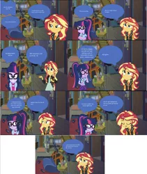 Size: 1092x1296 | Tagged: safe, derpibooru import, editor:superbobiann, sci-twi, sunset shimmer, twilight sparkle, equestria girls, equestria girls series, bowtie, camp everfree outfits, clothes, comic, cute, engrish, eyes closed, female, geode of empathy, giggling, glasses, jacket, leather jacket, lesbian, magical geodes, ponytail, scitwishimmer, shipping, sunsetsparkle, twiabetes