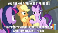 Size: 1920x1080 | Tagged: alicorn, applejack, background pony strikes again, blatant lies, derpibooru import, downvote bait, drama, edit, edited screencap, horse play, image macro, meme, mouthpiece, safe, screencap, starlight drama, starlight glimmer, twilight sparkle, twilight sparkle (alicorn)