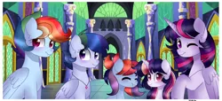 Size: 4000x1831 | Tagged: safe, artist:moon-rose-rosie, derpibooru import, rainbow dash, twilight sparkle, twilight sparkle (alicorn), oc, alicorn, pegasus, pony, unicorn, family, female, lesbian, magical lesbian spawn, offspring, parent:rainbow dash, parent:twilight sparkle, parents:twidash, shipping, twidash