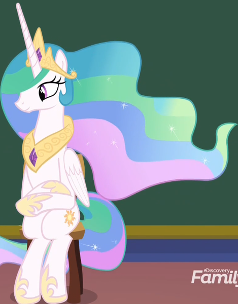 Size: 568x726 | Tagged: safe, derpibooru import, screencap, princess celestia, alicorn, pony, horse play, cropped, cute, cutelestia, discovery family logo, female, hoof shoes, jewelry, majestic as fuck, mare, peytral, ponies sitting like humans, regalia, sitlestia, sitting, smiling, solo