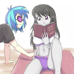 Size: 3248x3248 | Tagged: safe, artist:sumin6301, derpibooru import, octavia melody, vinyl scratch, equestria girls, 1984, belly button, bikini, book, breasts, clothes, female, lesbian, midriff, panties, scratchtavia, shipping, shirt, simple background, smiling, sunglasses, swimsuit, underwear, white background