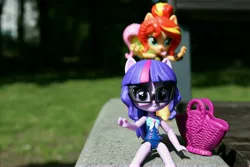 Size: 6000x4000 | Tagged: safe, artist:artofmagicpoland, derpibooru import, fluttershy, sci-twi, sunset shimmer, twilight sparkle, equestria girls, equestria girls series, bag, clothes, doll, equestria girls minis, glasses, looking at you, pun title, swimsuit, toy