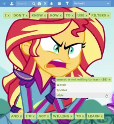 Size: 799x864 | Tagged: safe, derpibooru import, edit, edited screencap, screencap, sunset shimmer, derpibooru, equestria girls, friendship games, exploitable meme, filters, image macro, meme, meta, sunset is not willing to learn, tags