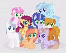 Size: 902x732 | Tagged: safe, artist:scribbie24, derpibooru import, oc, oc:appleblossom, oc:candy pie, oc:chocolate apple, oc:garnet sky, oc:loose strand, oc:moonlight sparkle, oc:moonstone, unofficial characters only, earth pony, pegasus, pony, base used, female, gray background, group, magical lesbian spawn, mare, next generation, offspring, parent:applejack, parent:big macintosh, parent:double diamond, parent:flash sentry, parent:fluttershy, parent:pinkie pie, parent:rainbow dash, parent:rarity, parent:soarin', parent:starlight glimmer, parent:sugar belle, parent:sunset shimmer, parent:trixie, parent:troubleshoes clyde, parent:twilight sparkle, parent:zephyr breeze, parents:diamond duo, parents:flashimmer, parents:fluttermac, parents:glimmerbreeze, parents:soarlight, parents:sugarpie, parents:trixdash, parents:troublejack, simple background, snow storm