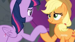 Size: 1920x1080 | Tagged: safe, derpibooru import, screencap, applejack, twilight sparkle, twilight sparkle (alicorn), alicorn, earth pony, pony, horse play, discovery family logo, duo, eye contact, female, holding hooves, lidded eyes, looking at each other, mare, out of context, shipping fuel, smiling