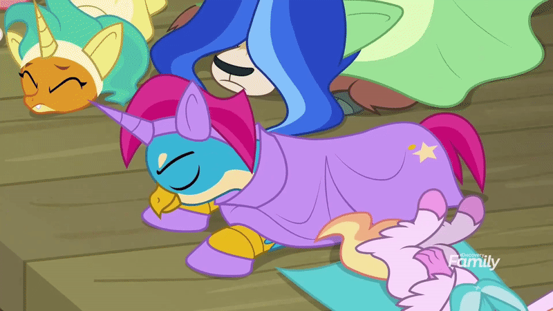 Size: 800x450 | Tagged: safe, derpibooru import, screencap, gallus, silverstream, smolder, yona, dragon, gryphon, yak, horse play, animated, clothes, costume, cute, diastreamies, dragoness, eyes closed, fake horn, female, gif, lying down, pain, playing dead, teenaged dragon, teenager, tongue out, wig