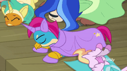 Size: 800x450 | Tagged: safe, derpibooru import, screencap, gallus, silverstream, smolder, yona, dragon, gryphon, yak, horse play, animated, clothes, costume, cute, diastreamies, dragoness, eyes closed, fake horn, female, gif, lying down, pain, playing dead, teenaged dragon, teenager, tongue out, wig